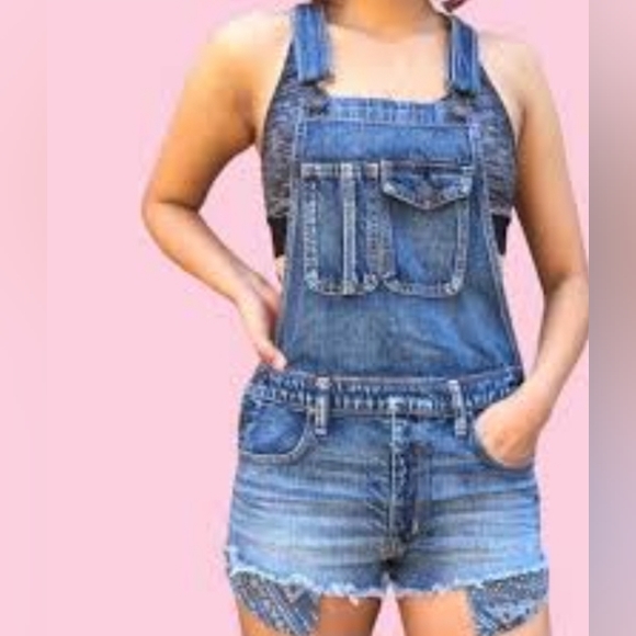 American Eagle Outfitters AEO Shortalls Blue Denim Handkerchief Pockets - Picture 4 of 10